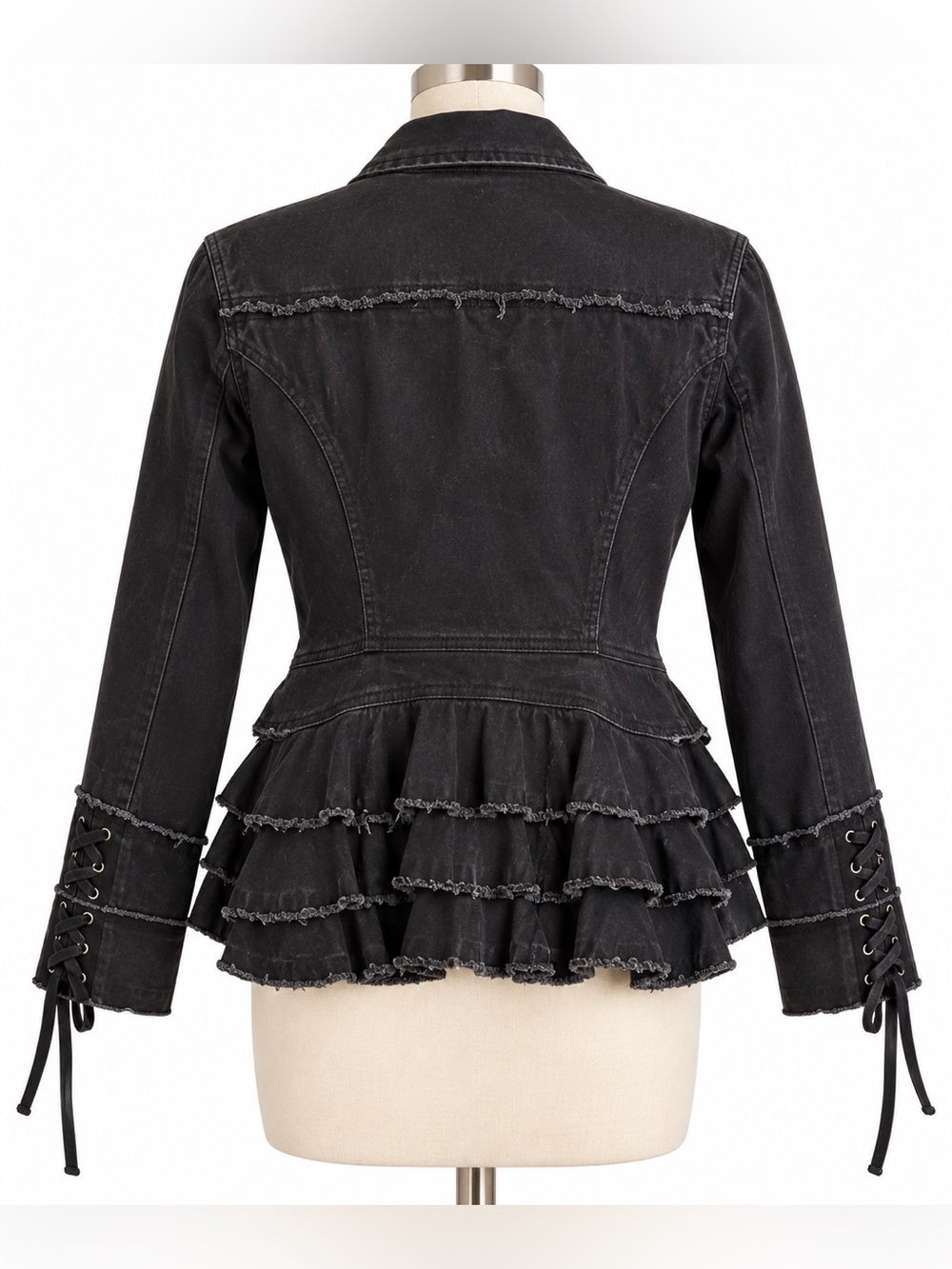 Free People Willow Denim Jacket Black Ruffle Peplum Lace Up Boho S $168